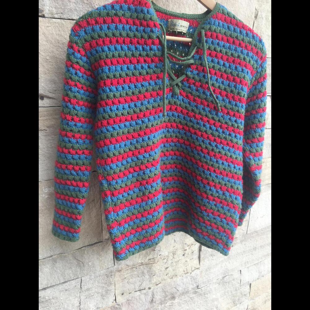 60s Rainbow Sweater lace up crochet granny sweater S